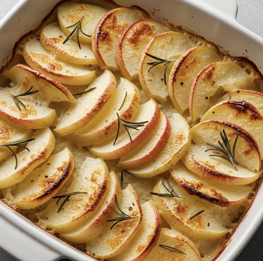 Leichtes Kartoffelgratin mit Äpfeln und Rosmarin