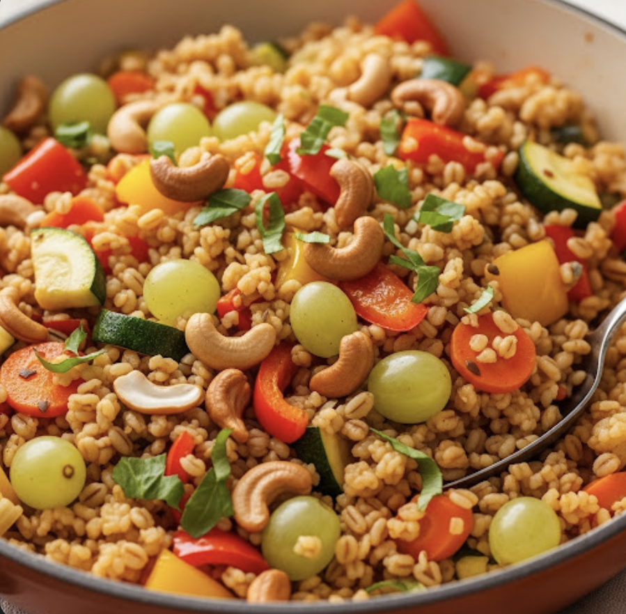 Ebly-Pfanne mit Gemüse, Cashews und Weintrauben