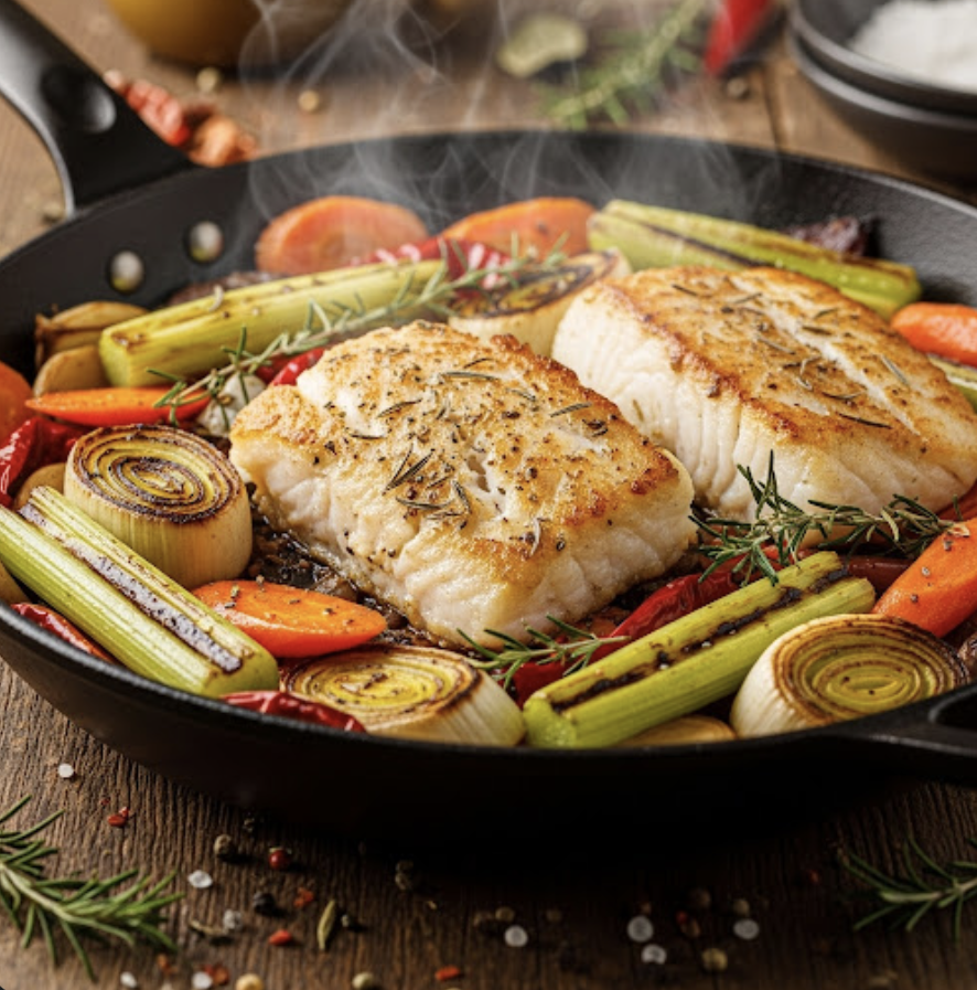 Große Fischpfanne mit Gemüse
