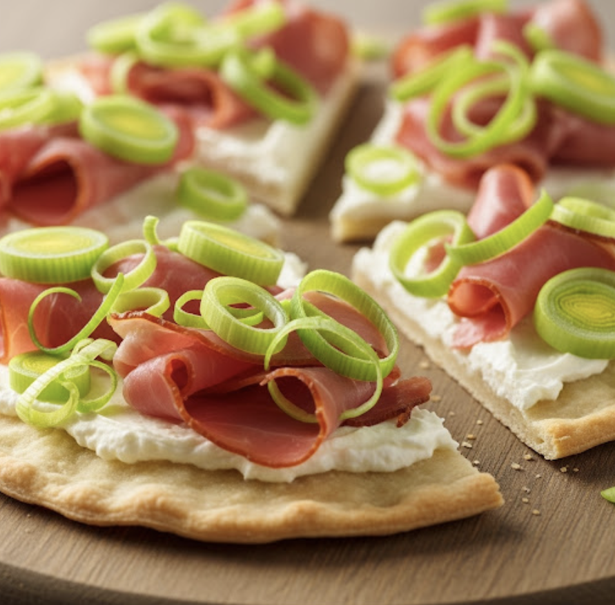 Kalorienarmer Flammkuchen mit Schinken und Lauch