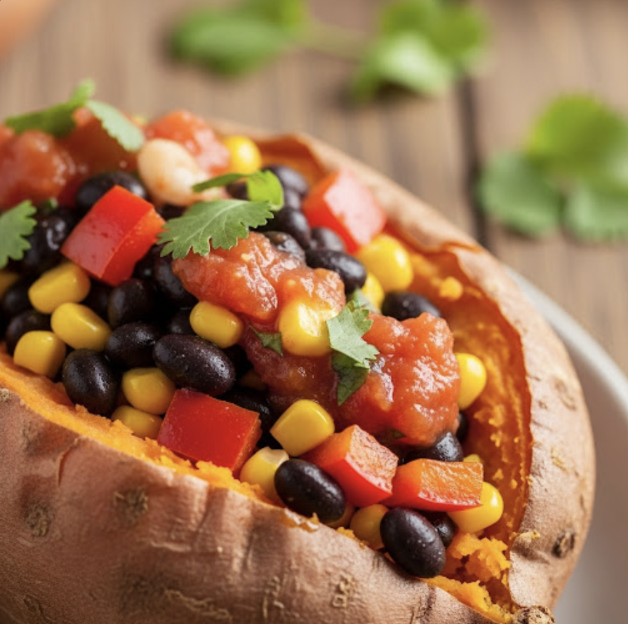 Gebackene Süßkartoffel mit Bohnen-Mais-Füllung und Salsa