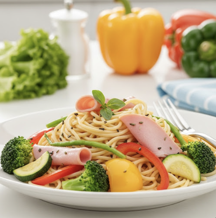 Kalorienarme Schinkennudeln mit viel Gemüse