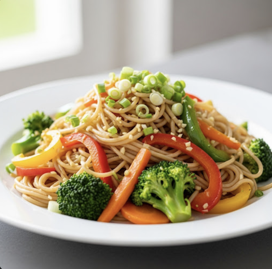 Kalorienarme Gebratene Nudeln mit viel Gemüse und Hähnchenbrust