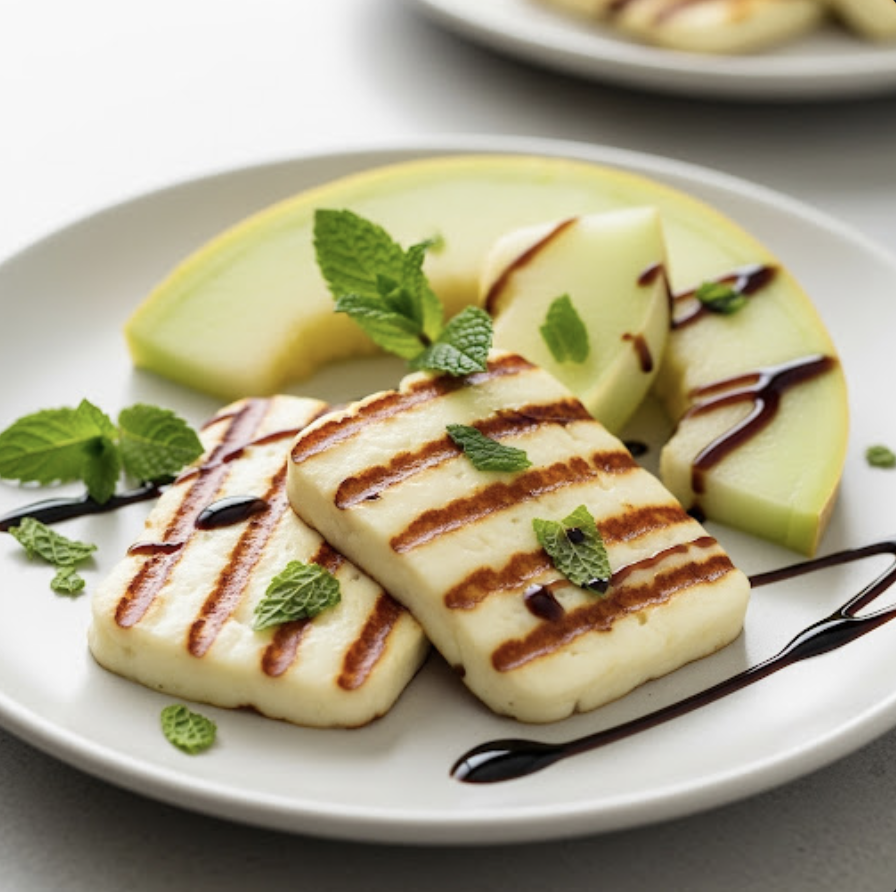 Gegrillter Halloumi mit Melone, Minze und Balsamico-Reduktion