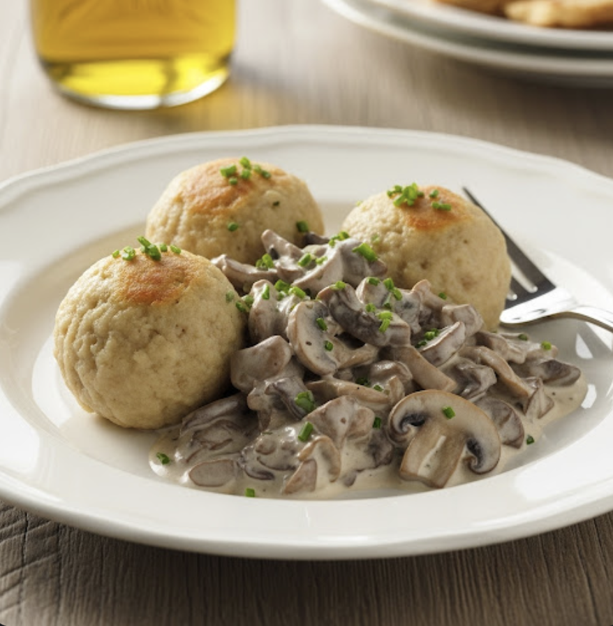 Serviettenknödel mit cremiger Champignon-Rahm-Soße