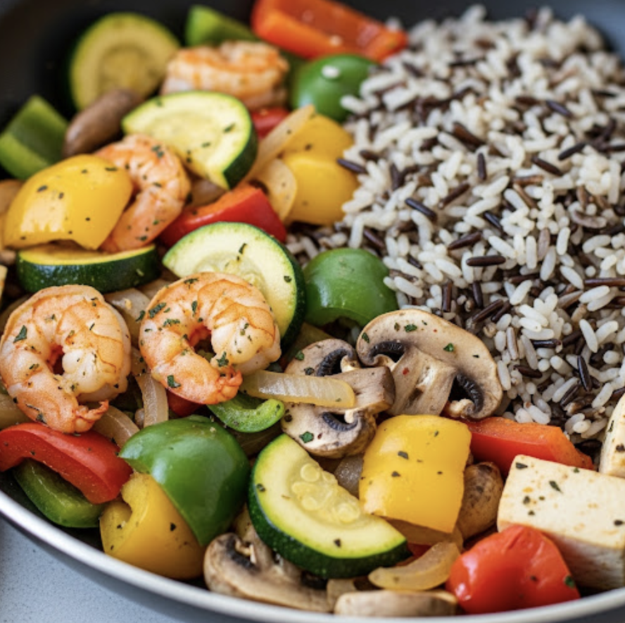 Gemüsepfanne mit Tofu/Garnelen und Wildreis