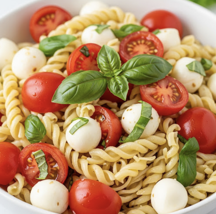 Leichter Tomaten-Mozzarella-Nudelsalat mit Basilikum