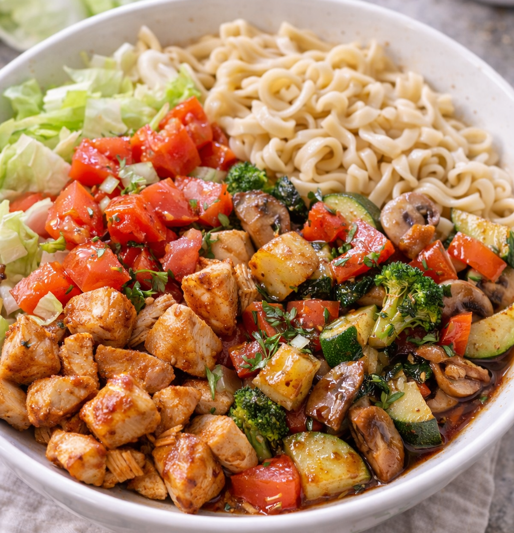 Hähnchen-Nudel-Bowl mit Gemüse & Sojasoße