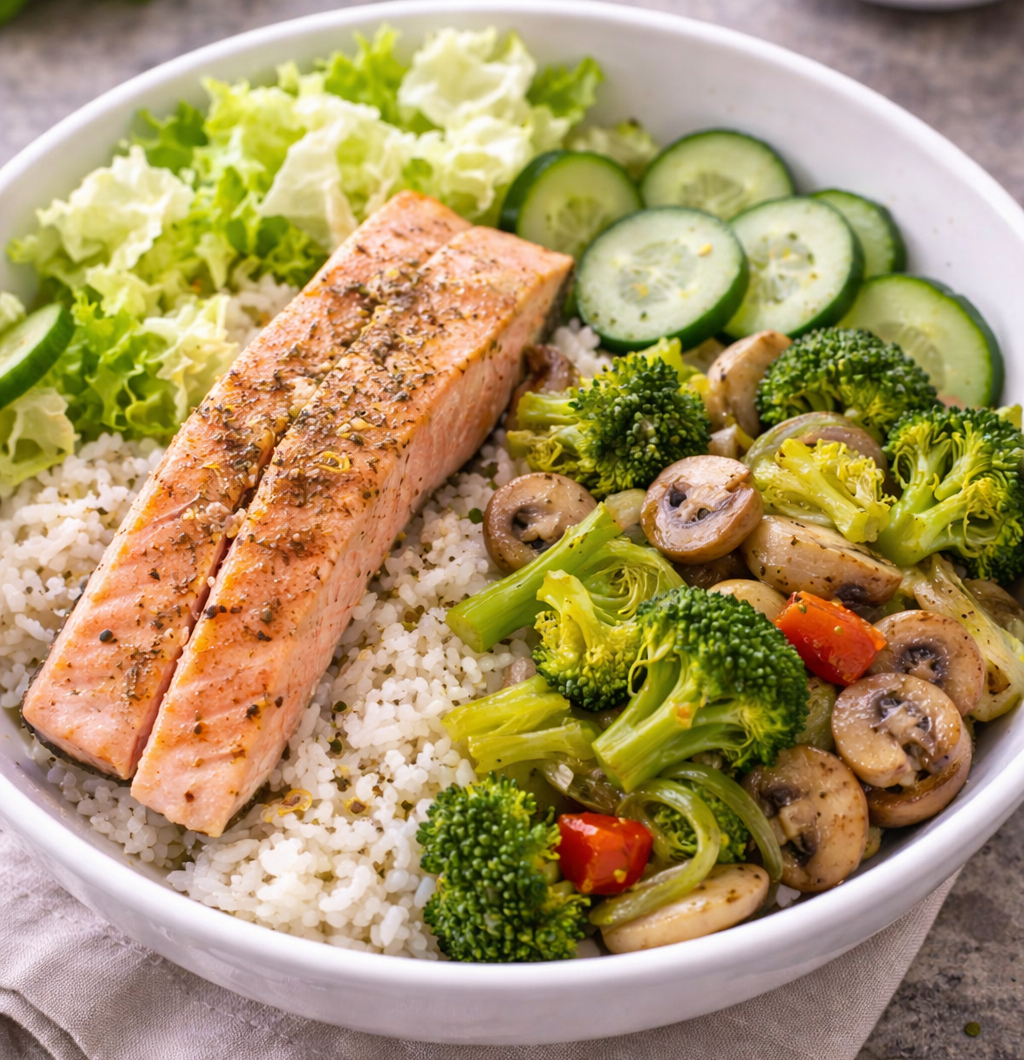 Lachs-Bowl mit Reis & Gemüse