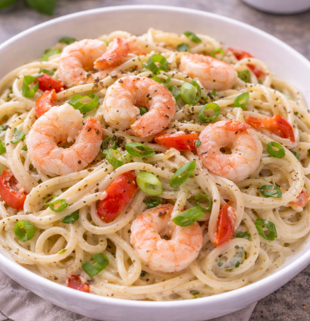 Spaghetti mit Garnelen in leichter Frischkäse-Soße
